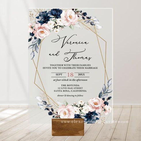 blush and navy floral acrylic wedding invitations CWIA121
